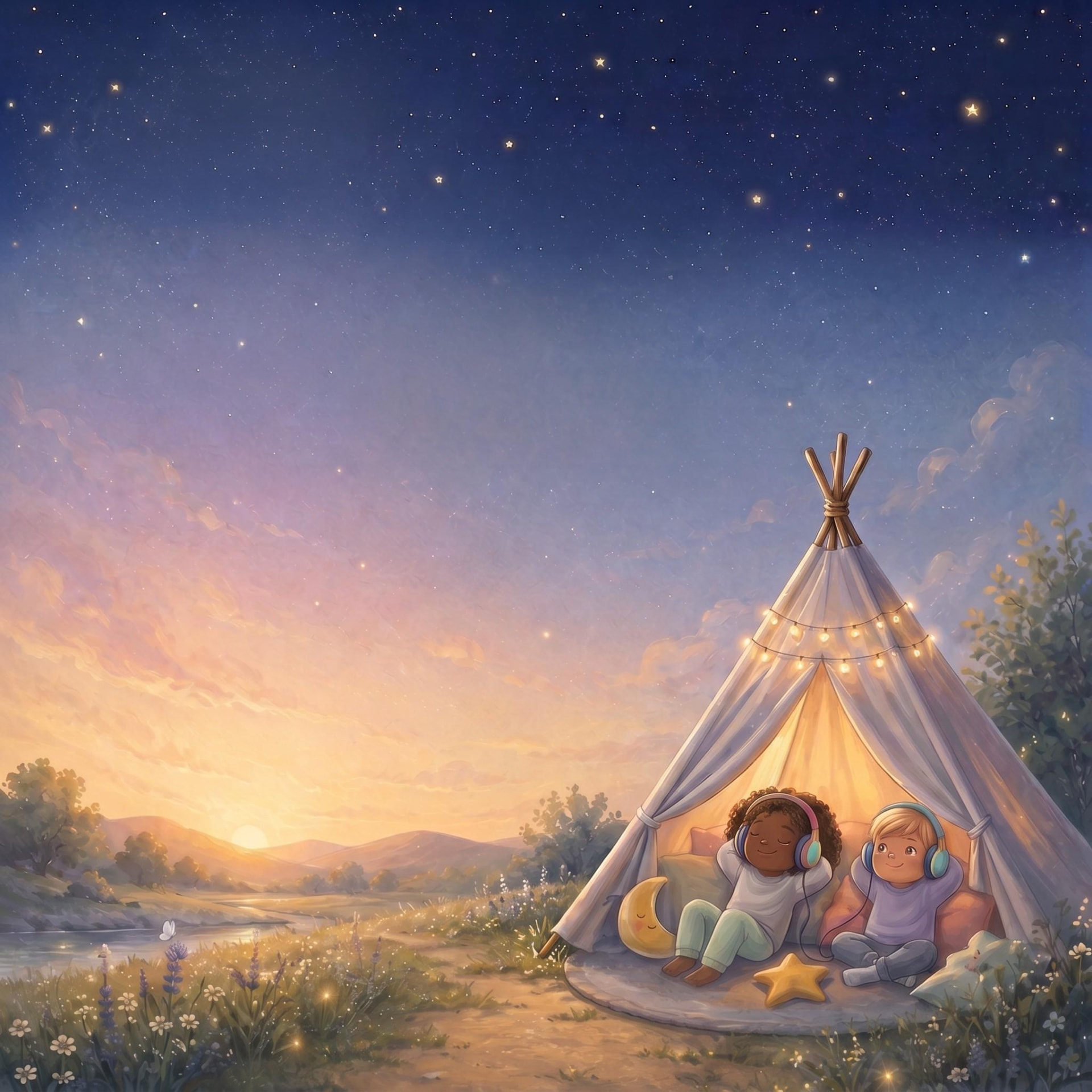 Twee kinderen met koptelefoon in een tipi onder een sterrenhemel